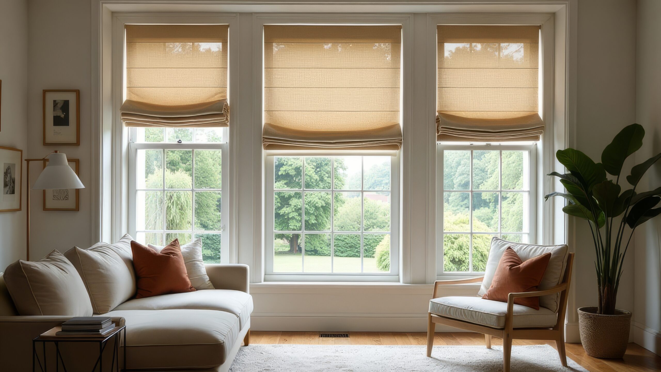 A living room with a couch, two potted plants, and three windows. The windows are covered with roman shades, and the room is filled with natural light. The couch is white and the pillows are orange